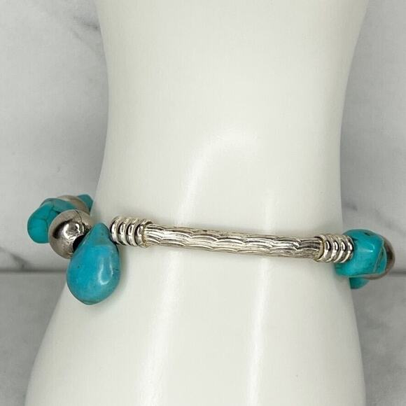 Faux Turquoise and Silver Tone Beaded Stretch Bracelet - Picture 1 of 6